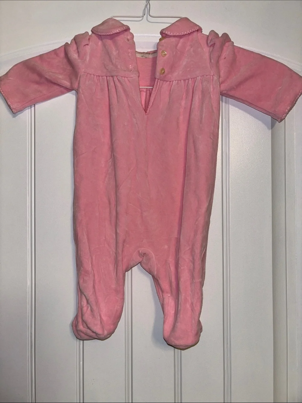 Vintage White Label Ralph Lauren Pink Velour Footed One-Piece Scalloped Collar
